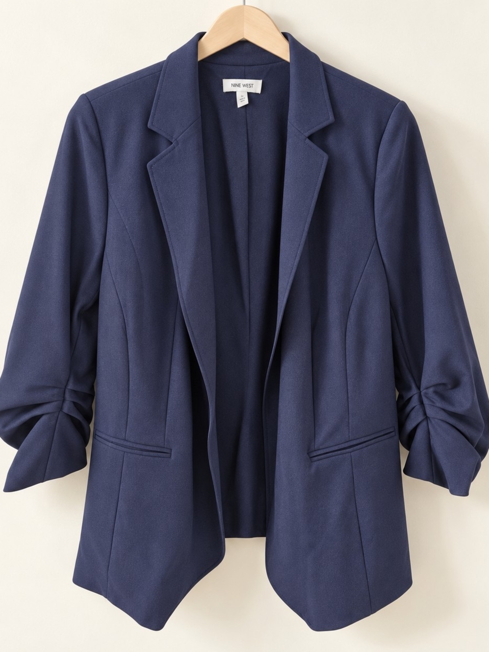 Nine West Dark Navy Open-Front Ruched-Sleeve Blazer
